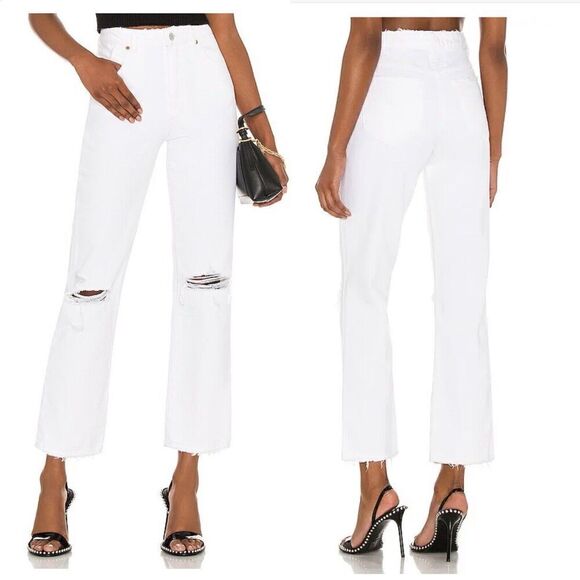 Rollas Layla White Jeans Original High Rise Straight Size 26 Distressed Knee NWT - Picture 1 of 12